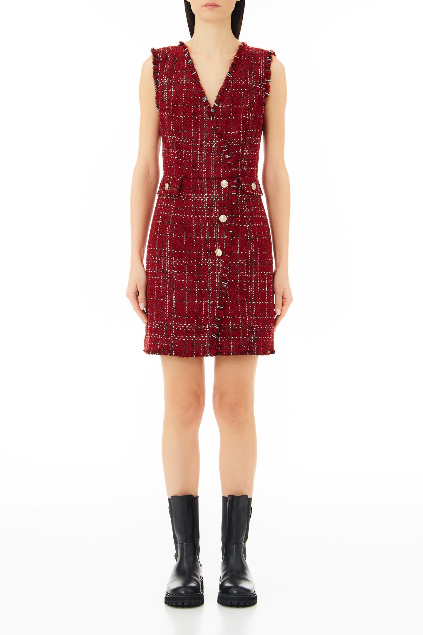 Boucle Dress with Buttons / Red