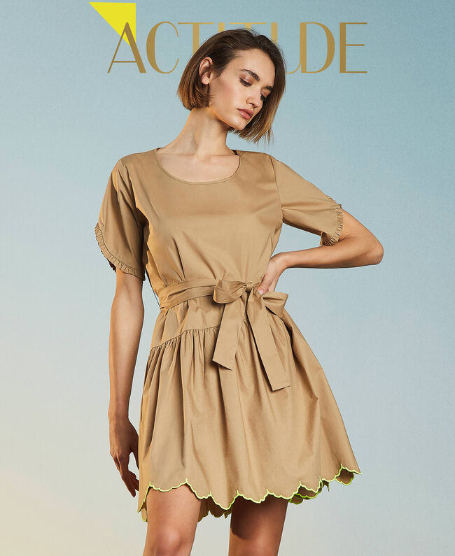 Poplin dress with fluorescent embroidery Beige