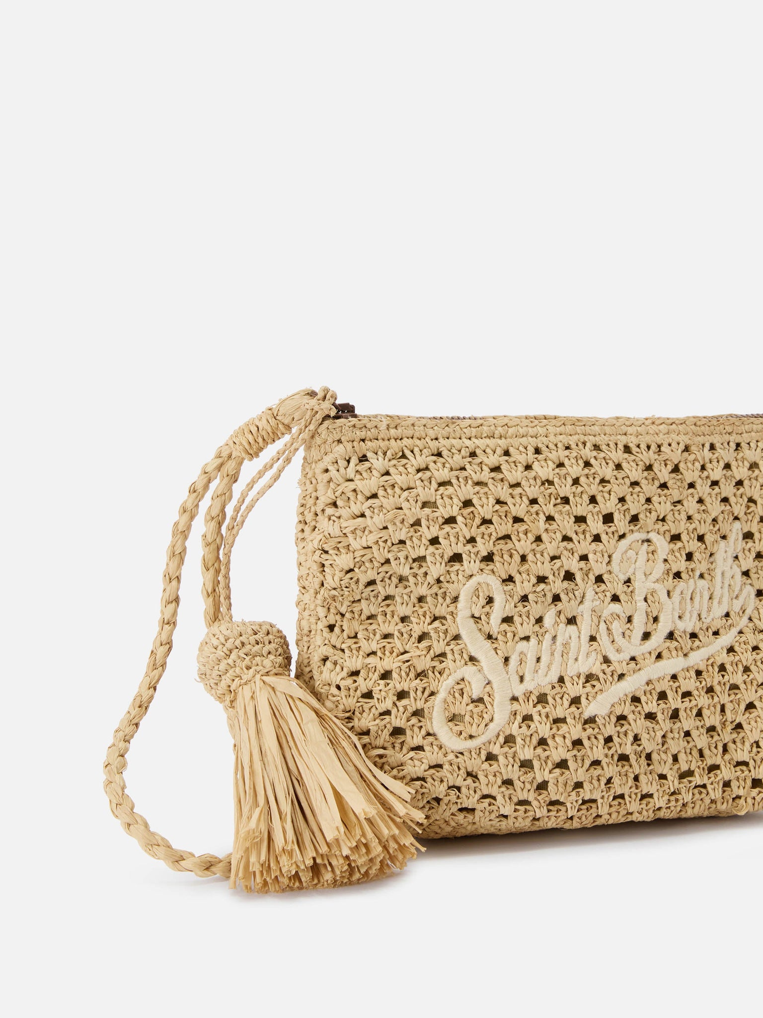 Braided Raffia Pouch with Logo / Beige