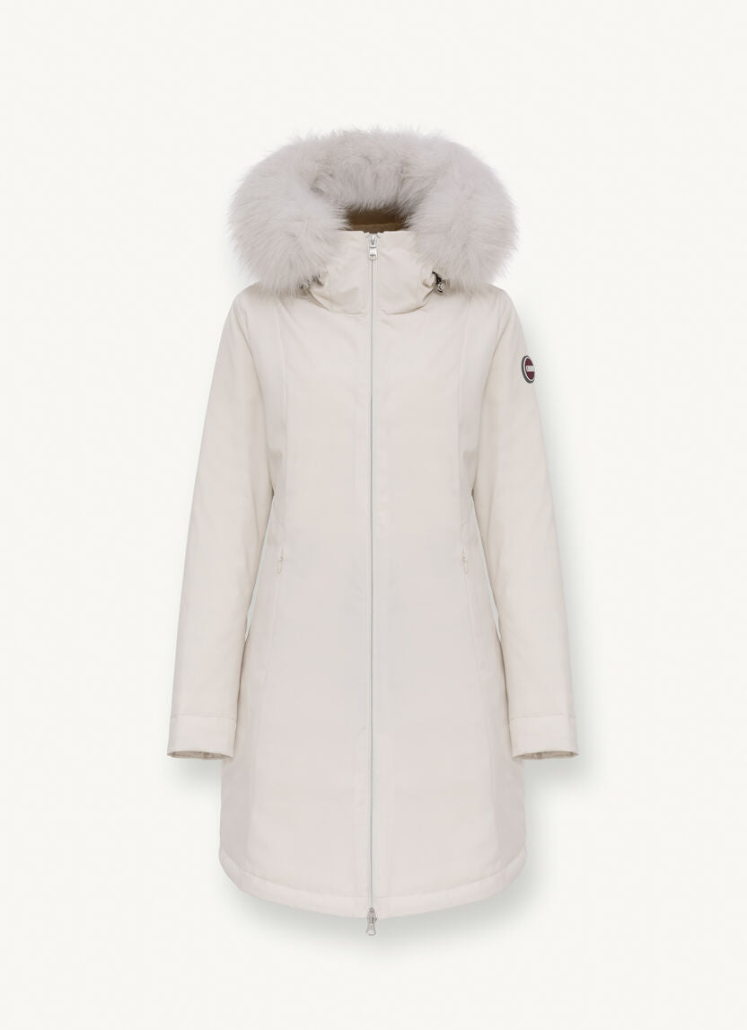 Long Down Jacket with Hood White