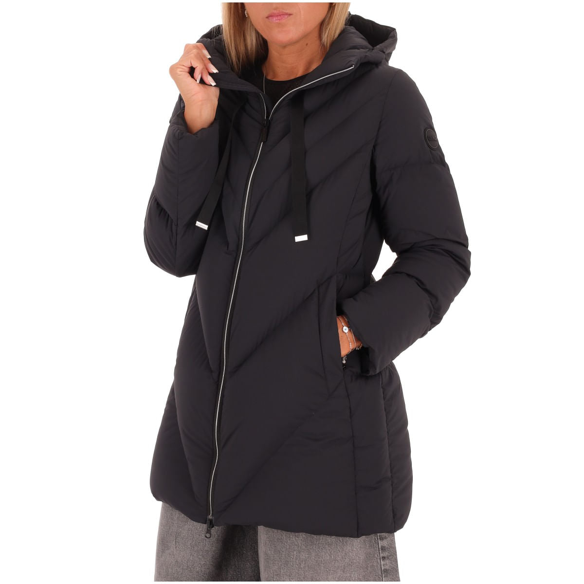 Piumino Lungo Stretch con Coulisse / Nero - Ideal Moda