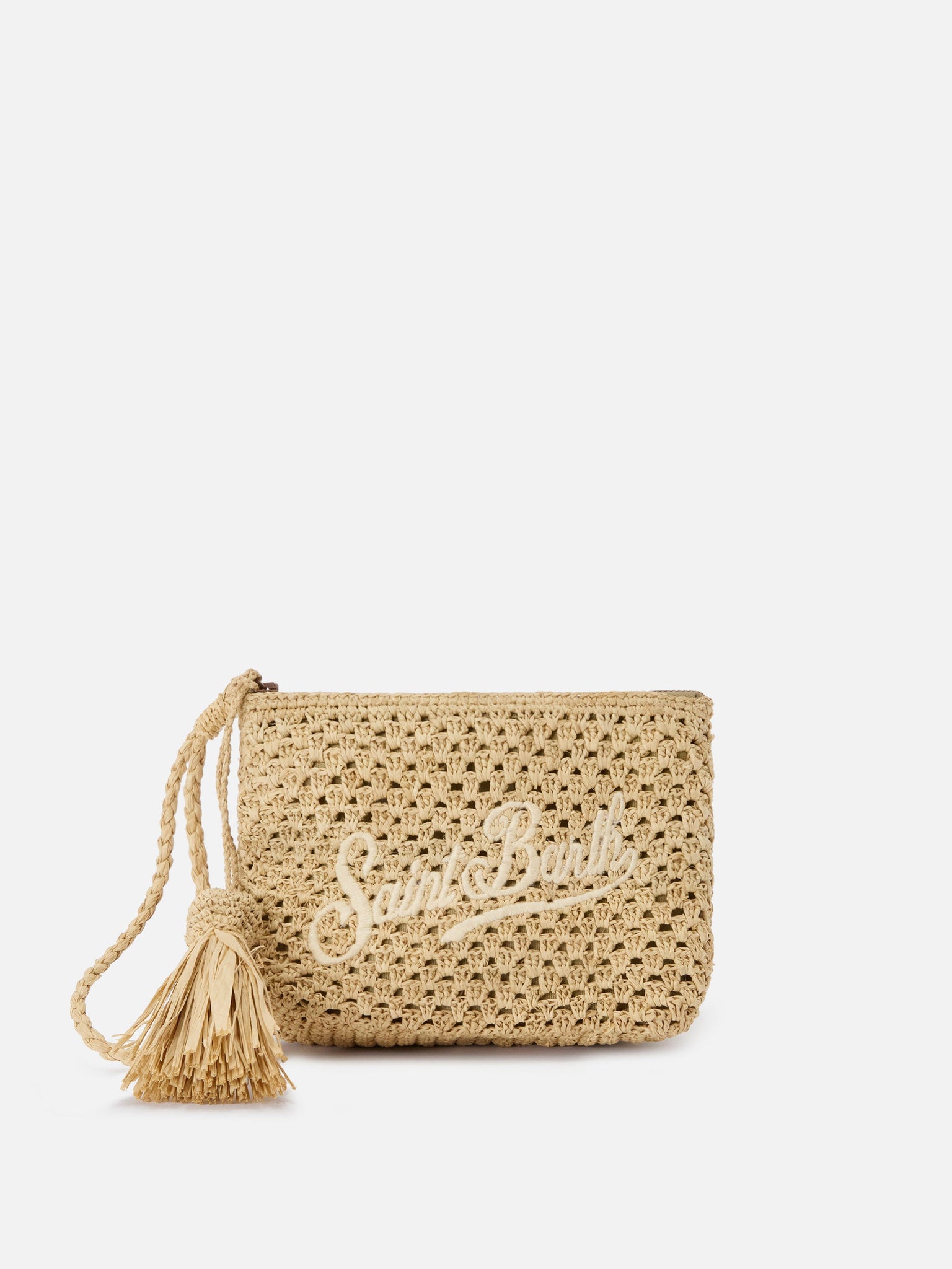 Braided Raffia Pouch with Logo / Beige