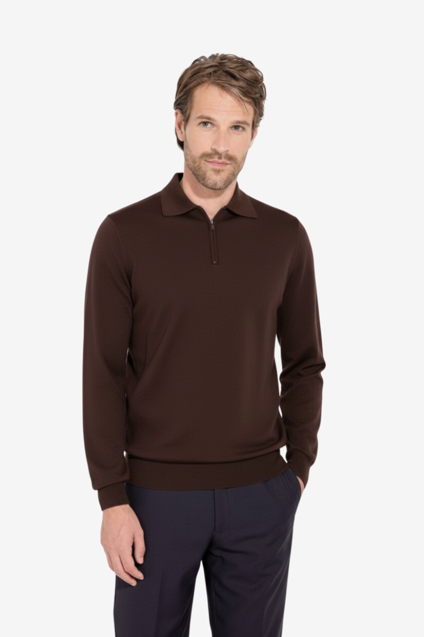 Maglia Polo con Mezza Zip in Lana Merino Extrafine / Marrone - Ideal Moda
