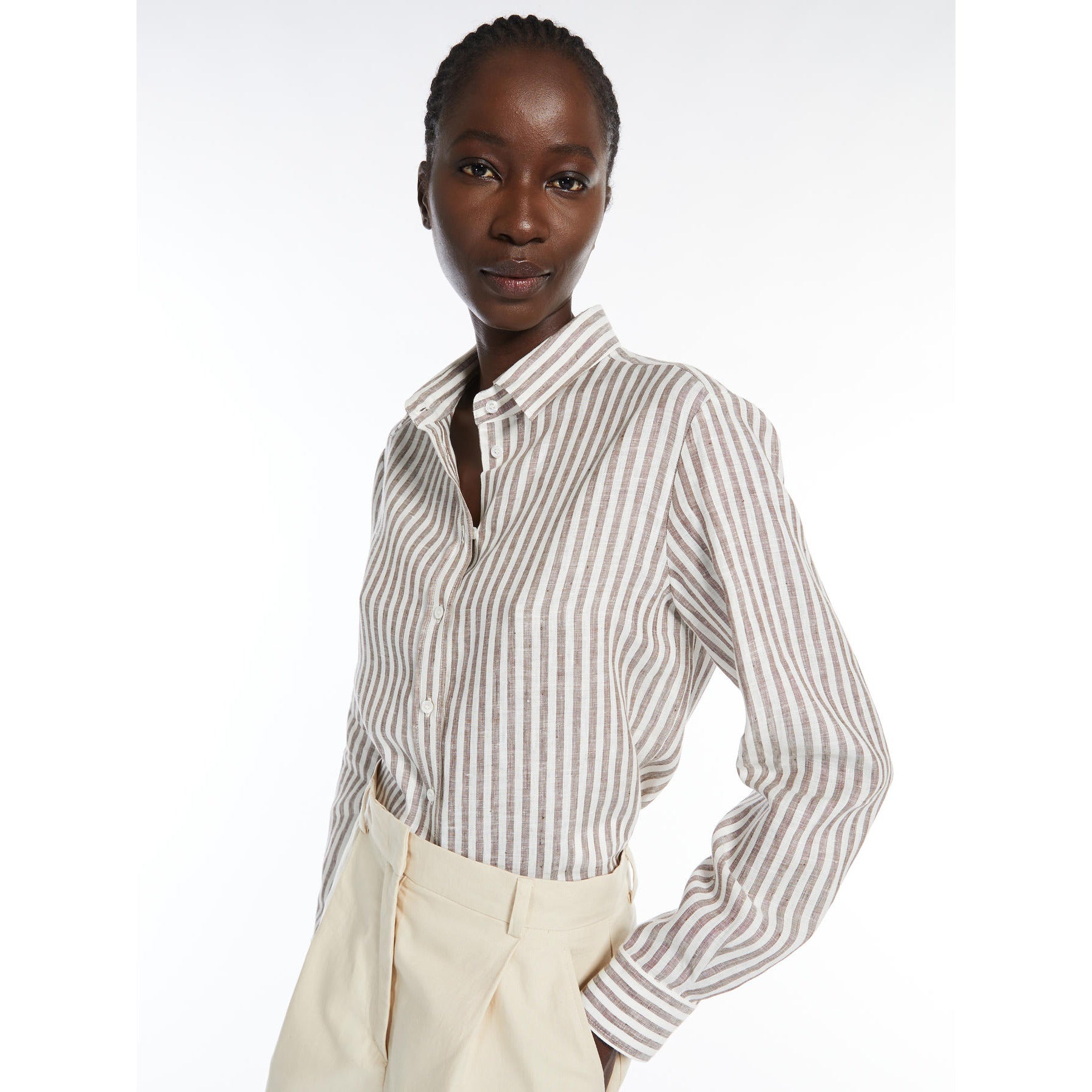 Camicia in Puro Lino a Righe / Marrone - Ideal Moda