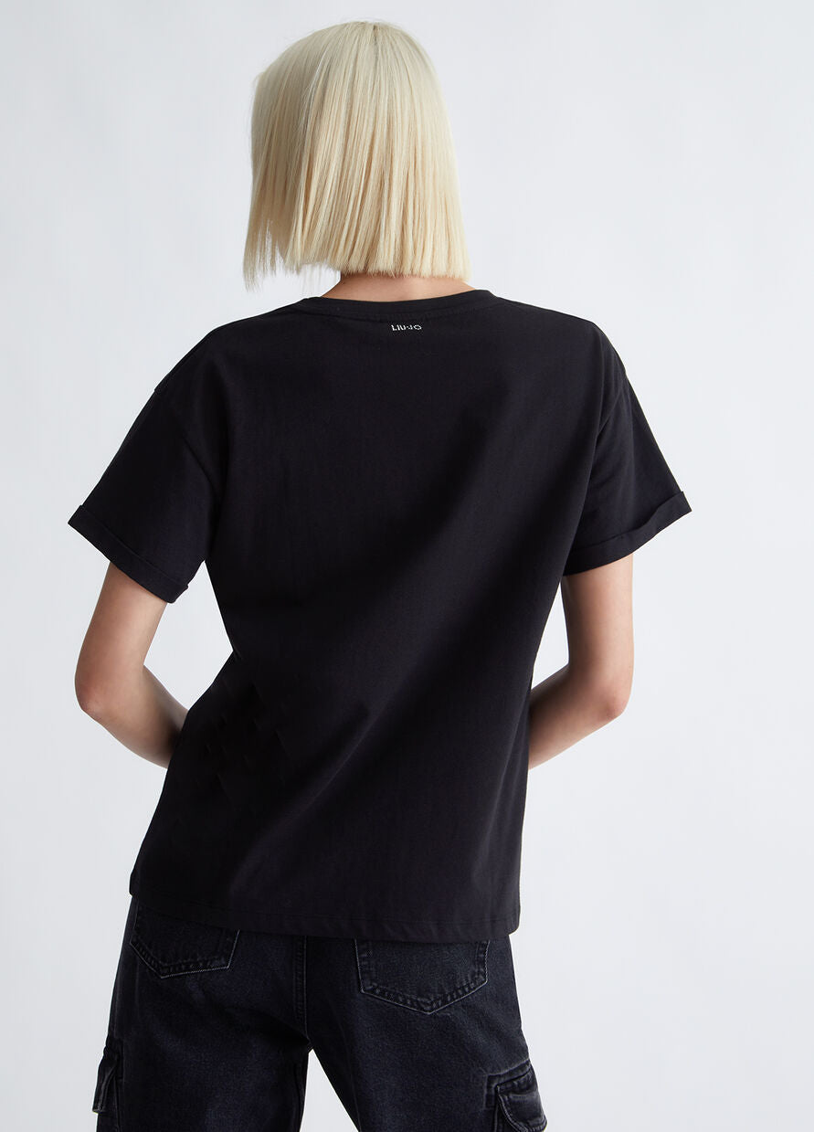 T-Shirt con Taschino e Strass / Nero - Ideal Moda