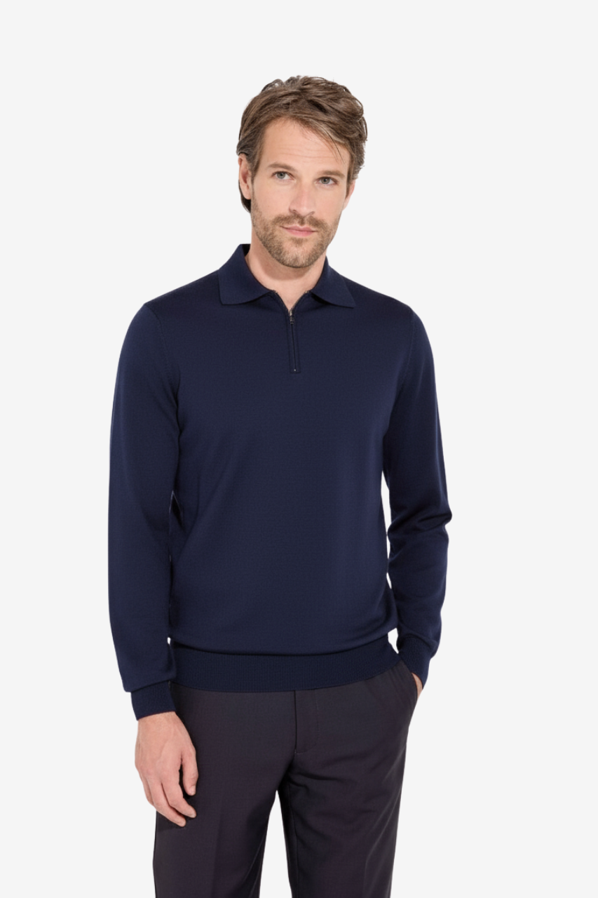Maglia Polo con Mezza Zip in Lana Merino Extrafine / Blu - Ideal Moda