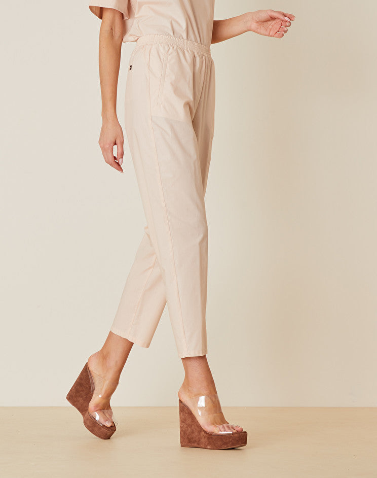 Pantalone in Cotone con Elastico in Vita / Beige - Ideal Moda