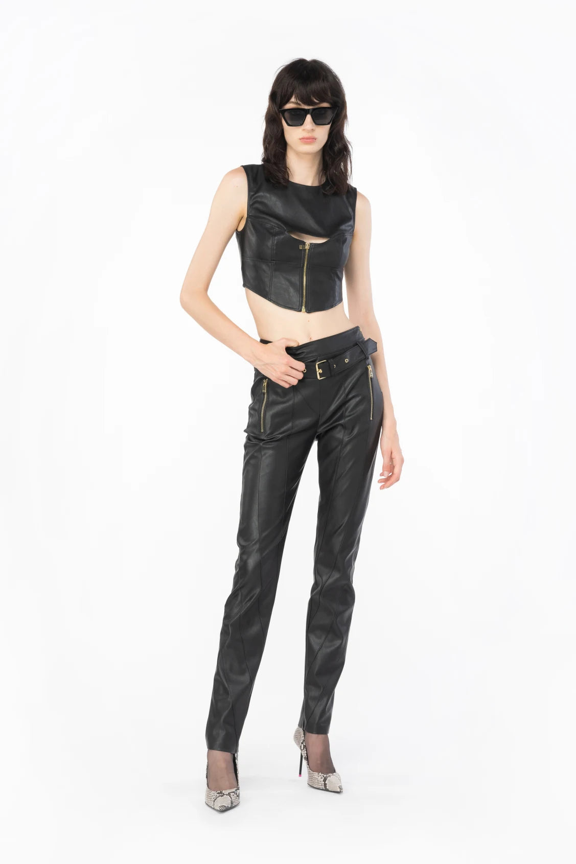 Pantalone Slim Fit Effetto Pelle / Nero - Ideal Moda