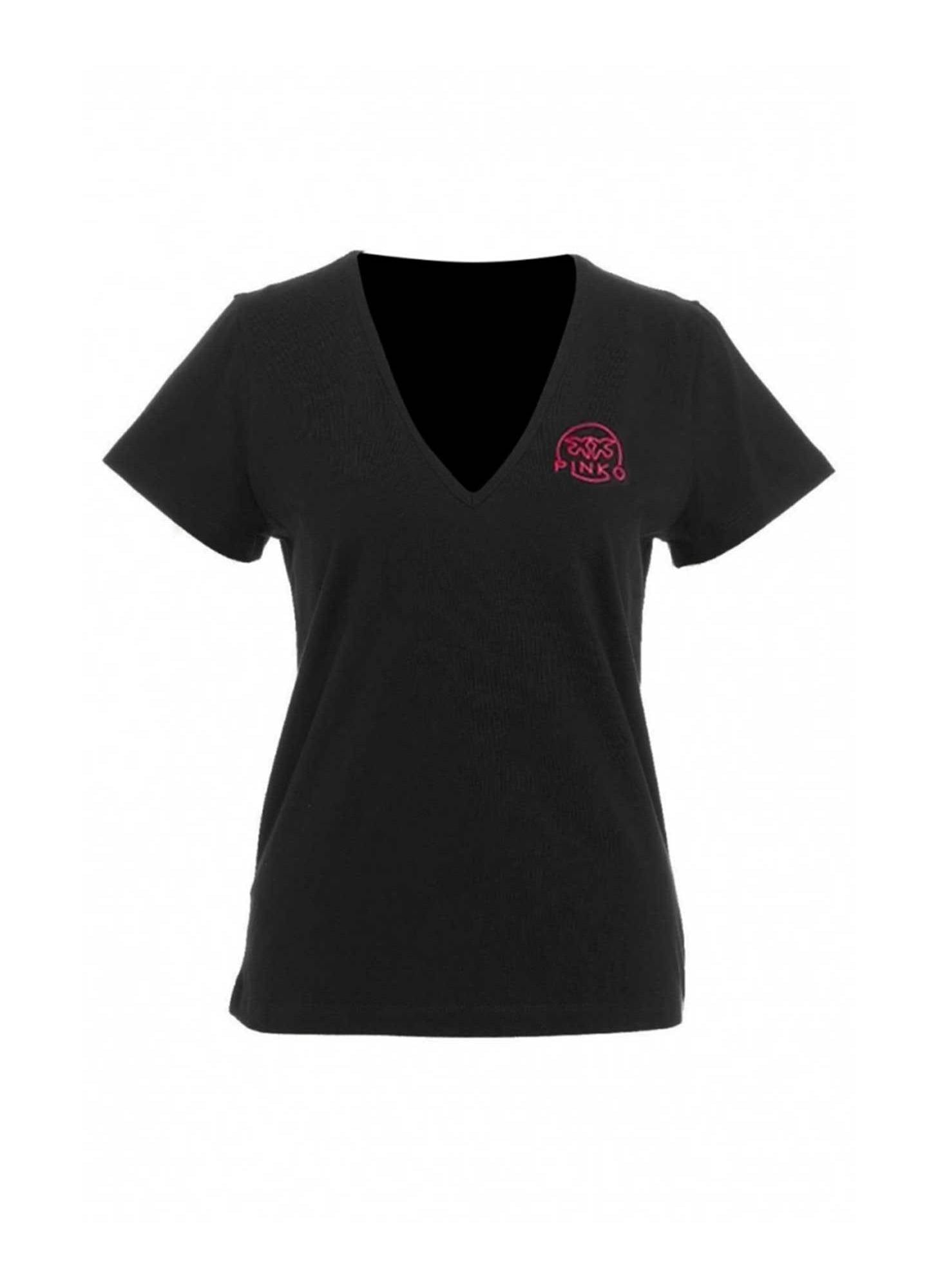T-Shirt con Scollo a V e Ricamo / Nero - Ideal Moda