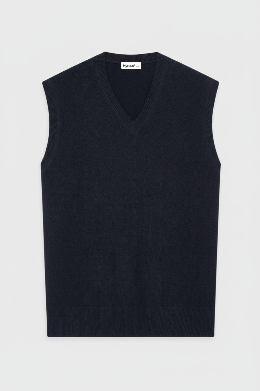 Maglia Senza Maniche con Scollo a V in Lana Merino Extrafine / Blu - Ideal Moda