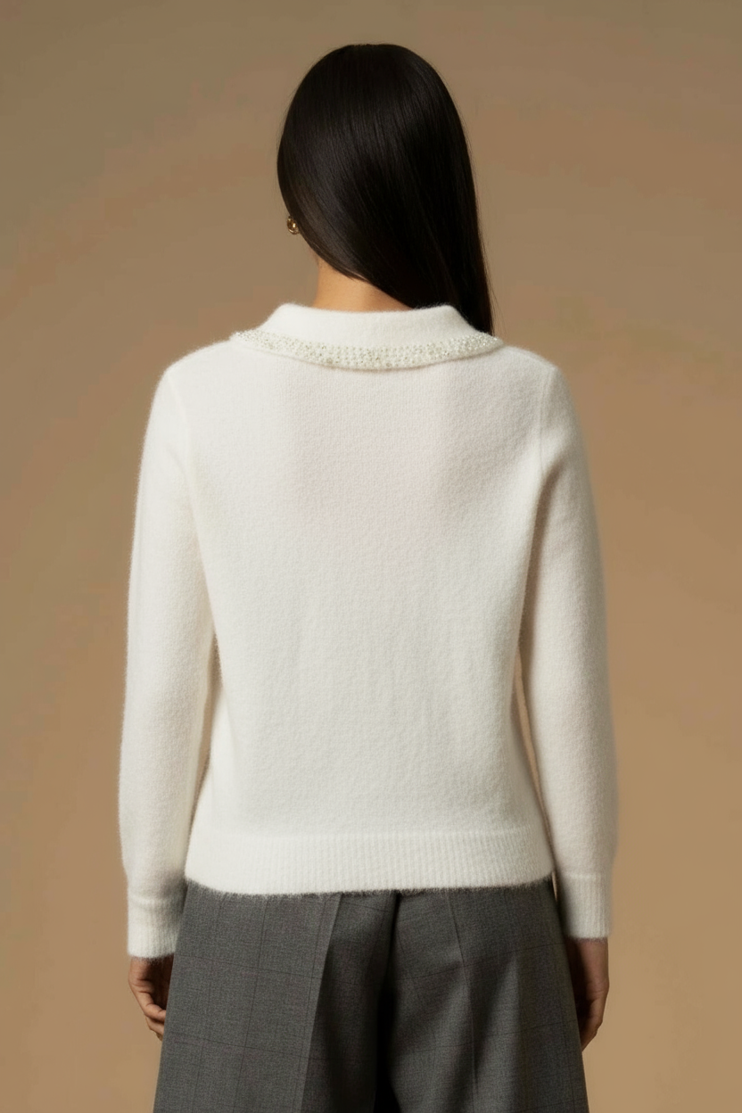 Maglia con Colletto a Punta e Perle / Bianco - Ideal Moda