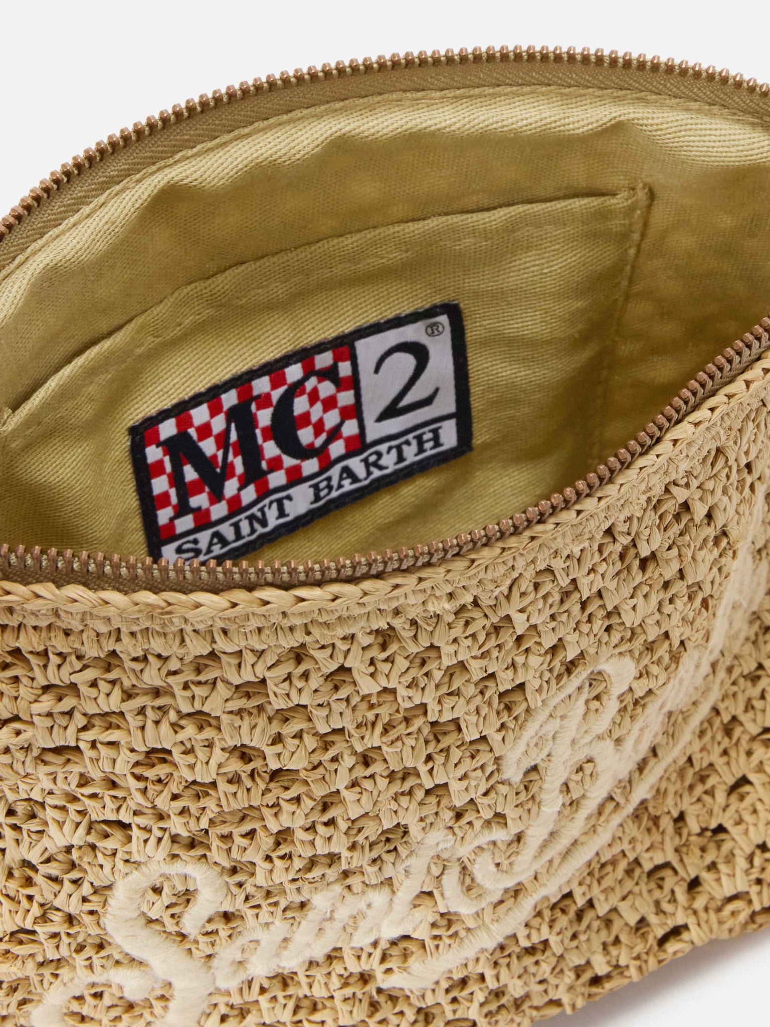 Braided Raffia Pouch with Logo / Beige