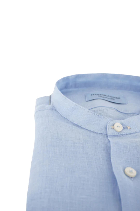 Camicia in Lino con Collo alla Coreana / Azzurro - Ideal Moda