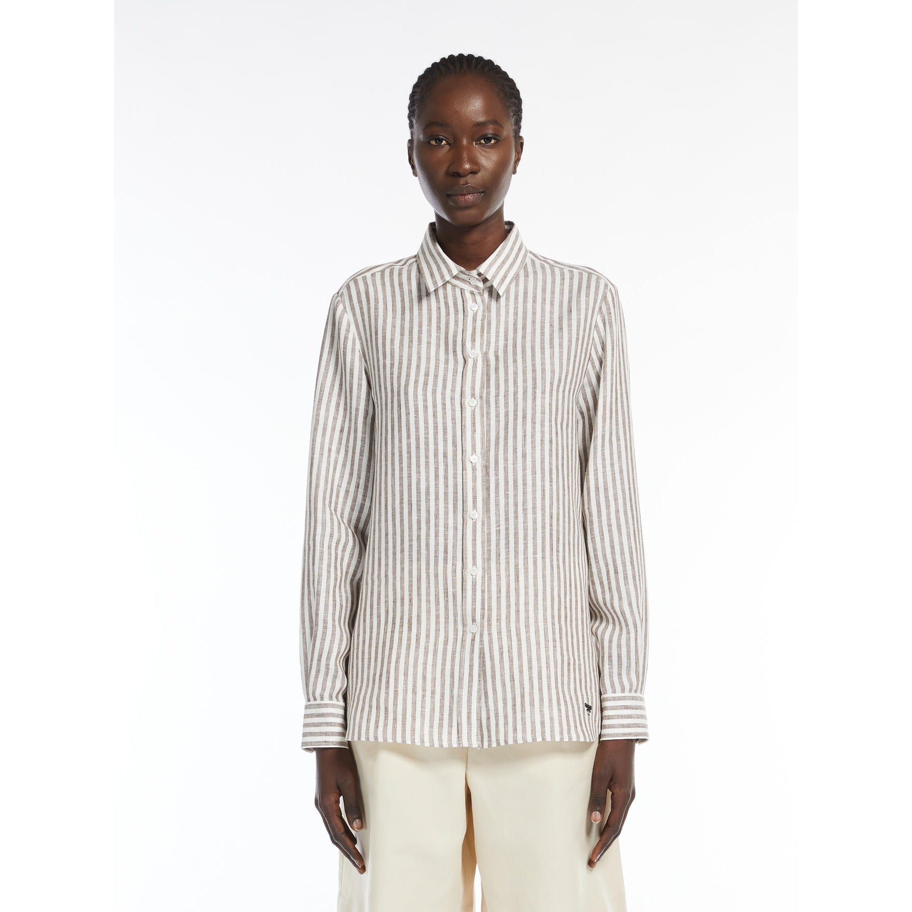 Camicia in Puro Lino a Righe / Marrone - Ideal Moda