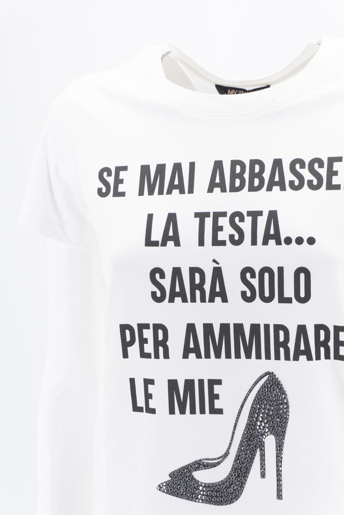 T-Shirt in Cotone con Scritta / Bianco - Ideal Moda