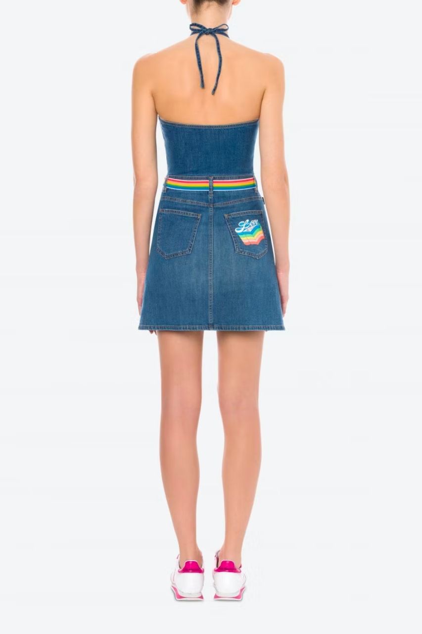 love moschino denim dress Love Moschino Flounced embroidered denim dress|WVH1670T9942205C