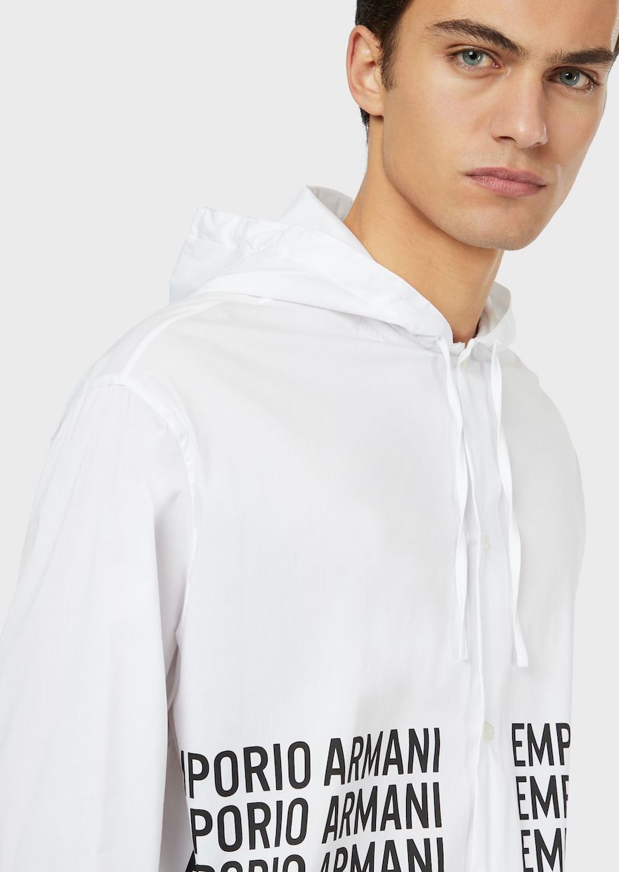 Blusa in popeline con stampa logo e cappuccio / Bianco - Ideal Moda
