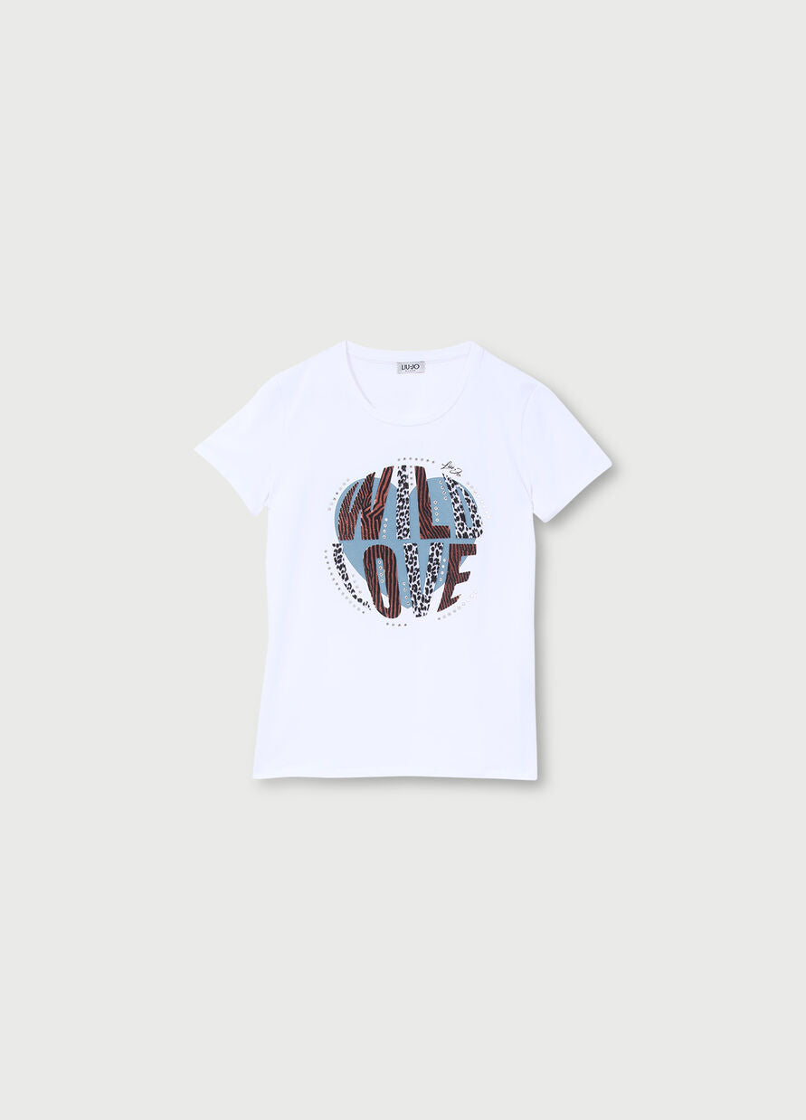 T-shirt con stampa e strass / Bianco - Ideal Moda
