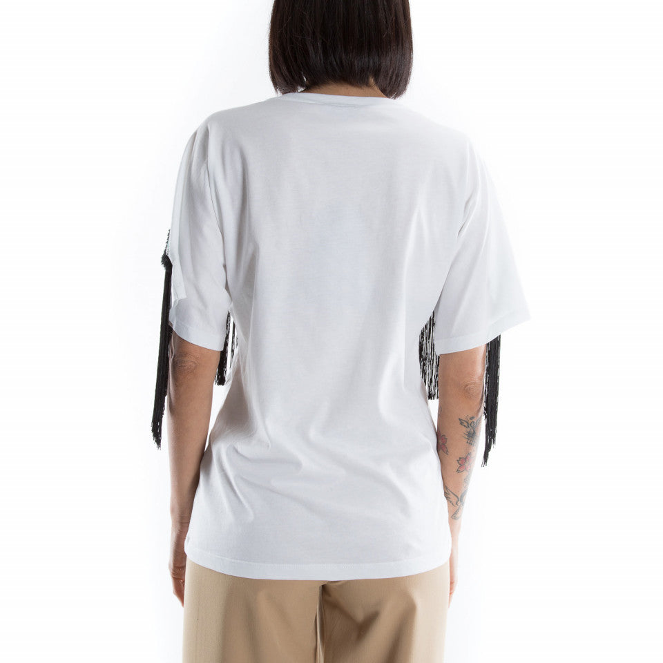T-Shirt over bianca con frange / Bianco - Ideal Moda